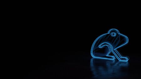3d techno neon blue glowing wireframe with glitches symbol of frog from profile isolated on black background with distorted reflection on floorの写真素材