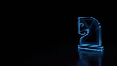 3d techno neon blue glowing wireframe with glitches symbol of chess knight figure isolated on black background with distorted reflection on floorの写真素材