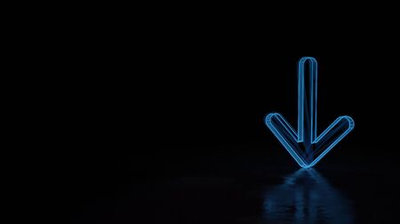 3d techno neon blue glowing wireframe with glitches symbol of down arrow isolated on black background with distorted reflection on floorの写真素材