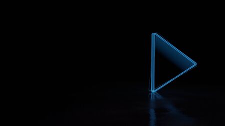3d techno neon blue glowing wireframe with glitches symbol of triangle play button isolated on black...