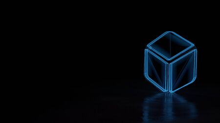 3d techno neon blue glowing wireframe with glitches symbol of cube  isolated on black background...