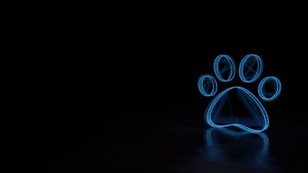 3d techno neon blue glowing wireframe with glitches symbol of animal paw isolated on black background with distorted reflection on floorの写真素材