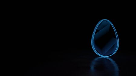 3d techno neon blue glowing wireframe with glitches symbol of egg silhouette isolated on black background with distorted reflection on floorの写真素材