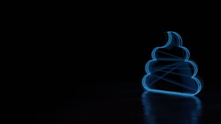 3d techno neon blue glowing wireframe with glitches symbol of poo isolated on black background with distorted reflection on floorの写真素材