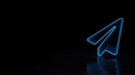 3d techno neon blue glowing wireframe with glitches symbol of paper plane isolated on black background with distorted reflection on floorの写真素材