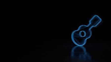 3d techno neon blue glowing wireframe with glitches symbol of guitar instrument isolated on black background with distorted reflection on floorの写真素材