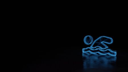 3d techno neon blue glowing wireframe with glitches symbol of swimmer isolated on black background with distorted reflection on floorの写真素材