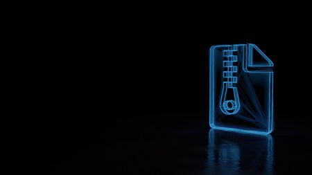 3d techno neon blue glowing wireframe with glitches symbol of paper with bent corner and zip isolated on black background with distorted reflection on floorの写真素材