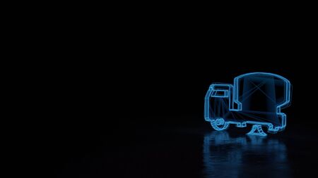 3d techno neon blue glowing wireframe with glitches symbol of concrete mixer truck isolated on black background with distorted reflection on floorの写真素材