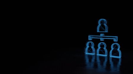 3d techno neon blue glowing wireframe with glitches symbol of hierarchical structure of three people isolated on black background with distorted reflection on floorの写真素材