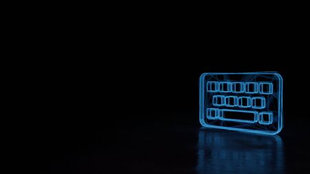 3d techno neon blue glowing wireframe with glitches symbol of computer keyboard isolated on black background with distorted reflection on floorの写真素材