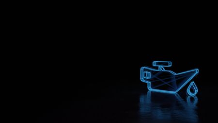 3d techno neon blue glowing wireframe with glitches symbol of oil can isolated on black background with distorted reflection on floorの写真素材