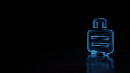 3d techno neon blue glowing wireframe with glitches symbol of suitcase with wheels isolated on black background with distorted reflection on floorの写真素材