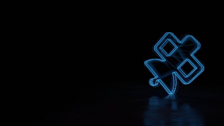 3d techno neon blue glowing wireframe with glitches symbol of satellite isolated on black background with distorted reflection on floorの写真素材