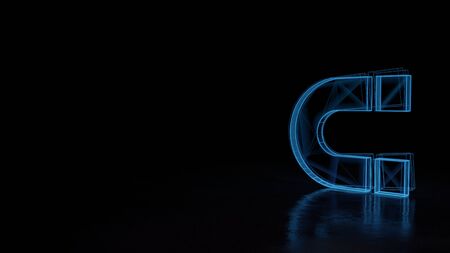 3d techno neon blue glowing wireframe with glitches symbol of horseshoe magnet isolated on black background with distorted reflection on floorの写真素材