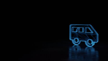 3d techno neon blue glowing wireframe with glitches symbol of shuttle van isolated on black background with distorted reflection on floorの写真素材
