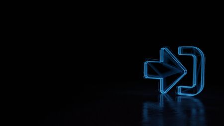 3d techno neon blue glowing wireframe with glitches symbol of right arrow with direction in profile isolated on black background with distorted reflection on floorの写真素材