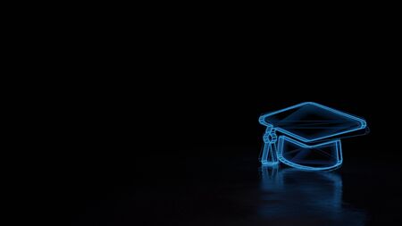3d techno neon blue glowing wireframe with glitches symbol of graduation cap isolated on black background with distorted reflection on floorの写真素材