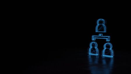 3d techno neon blue glowing wireframe with glitches symbol of hierarchical structure of four people isolated on black background with distorted reflection on floorの写真素材