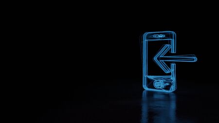 3d techno neon blue glowing wireframe with glitches symbol of smartphone with in arrow isolated on black background with distorted reflection on floorの写真素材