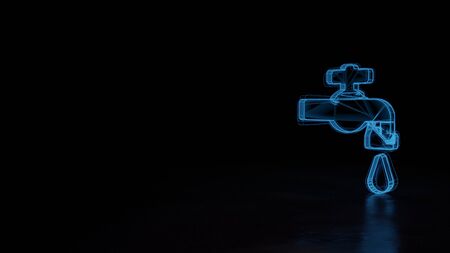 3d techno neon blue glowing wireframe with glitches symbol of tap with water drop isolated on black...