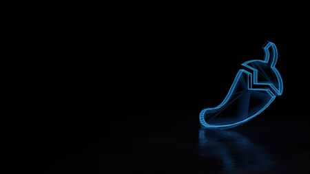 3d techno neon blue glowing wireframe with glitches symbol of pepper hot isolated on black background with distorted reflection on floorの写真素材