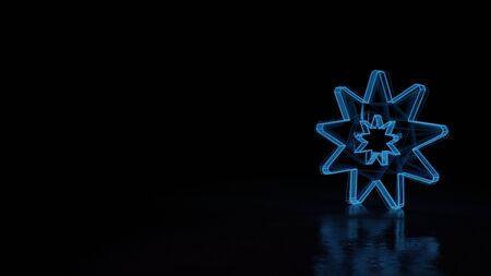 3d techno neon blue glowing wireframe with glitches symbol of nine tips star isolated on black background with distorted reflection on floorの写真素材