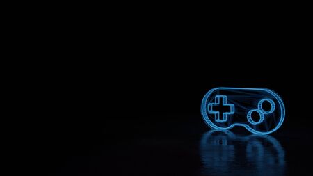 3d techno neon blue glowing wireframe with glitches symbol of videogame controller isolated on black background with distorted reflection on floorの写真素材