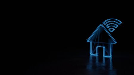 3d techno neon blue glowing wireframe with glitches symbol of house with signal wi-fi isolated on black background with distorted reflection on floorの写真素材