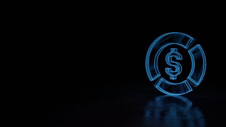 3d techno neon blue glowing wireframe with glitches symbol of pie chart with dollar symbol isolated on black background with distorted reflection on floorの写真素材