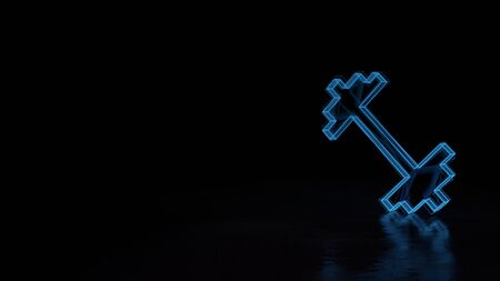 3d techno neon blue glowing wireframe with glitches symbol of heavy fitness dumbbell isolated on black background with distorted reflection on floorの写真素材