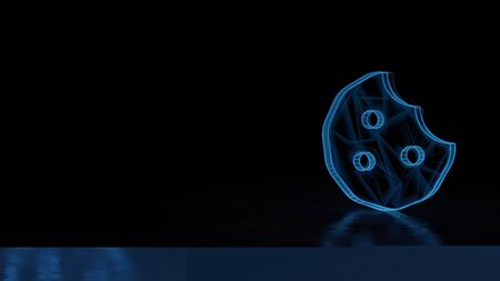 3d techno neon blue glowing wireframe with glitches symbol of cookie with bite isolated on black background with distorted reflection on floorの写真素材