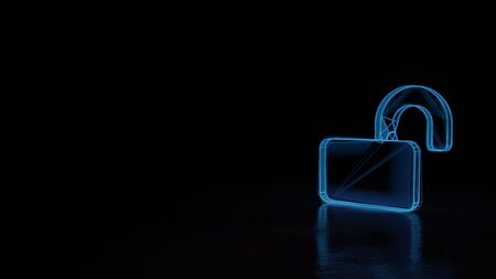 3d techno neon blue glowing wireframe with glitches symbol of lock open isolated on black background with distorted reflection on floorの写真素材