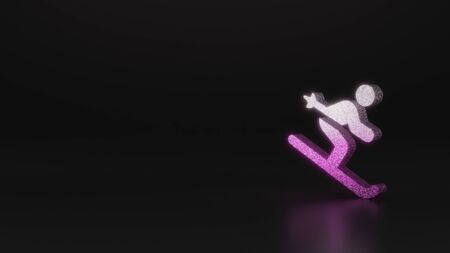 glitter pink silver symbol of skiing figure 3D rendering on black background with blurred reflection...