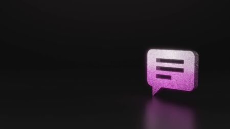glitter pink silver symbol of comment bubble with text lines 3D rendering on black background with...
