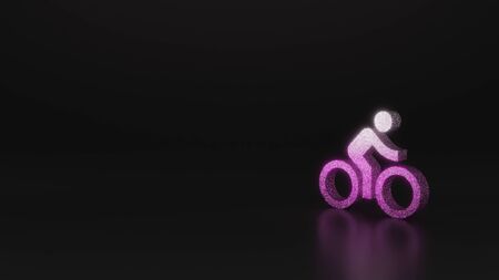 glitter pink silver symbol of bike with rider 3D rendering on black background with blurred reflection with sparklesの写真素材