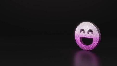 glitter pink silver symbol of goofy emoticon  3D rendering on black background with blurred...