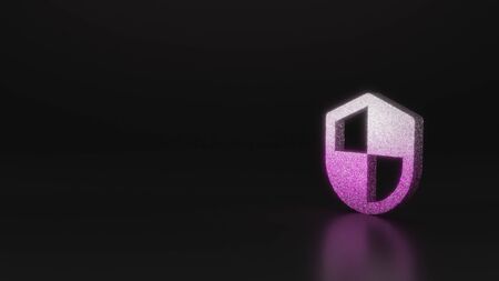 glitter pink silver symbol of four squared shield 3D rendering on black background with blurred reflection with sparklesの写真素材
