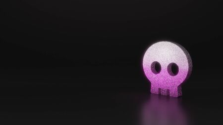 glitter pink silver symbol of skull 3D rendering on black background with blurred reflection with sparklesの写真素材