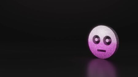 glitter pink silver symbol of flushed emoticon 3D rendering on black background with blurred reflection with sparklesの写真素材