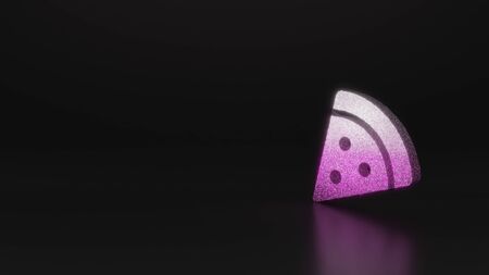 glitter pink silver symbol of pizza slice 3D rendering on black background with blurred reflection with sparklesの写真素材