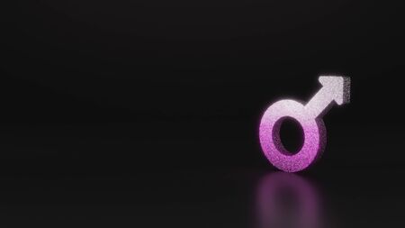 glitter pink silver symbol of mars symbol 3D rendering on black background with blurred reflection with sparklesの写真素材