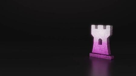 glitter pink silver symbol of chess rook figure 3D rendering on black background with blurred reflection with sparklesの写真素材