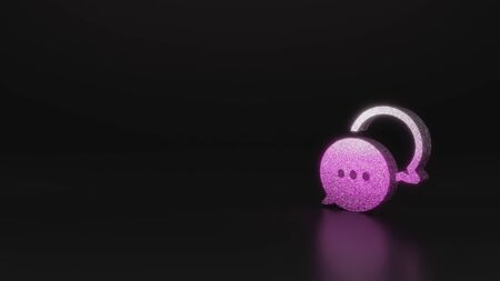 glitter pink silver symbol of rounded chat bubbles with dots 3D rendering on black background with blurred reflection with sparklesの写真素材