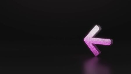 glitter pink silver symbol of arrow left 3D rendering on black background with blurred reflection with sparklesの写真素材