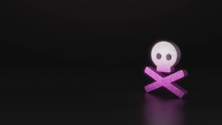 glitter pink silver symbol of skull and crossbones 3D rendering on black background with blurred reflection with sparklesの写真素材