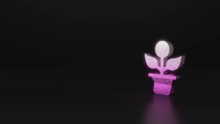 glitter pink silver symbol of plant in pot 3D rendering on black background with blurred reflection with sparklesの写真素材