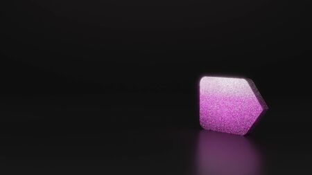 glitter pink silver symbol of right arrow label 3D rendering on black background with blurred reflection with sparklesの写真素材