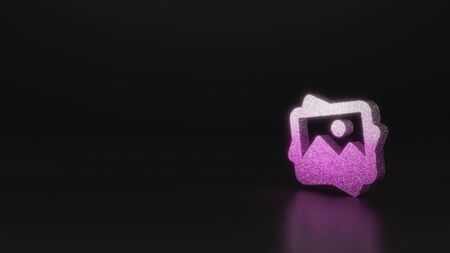 glitter pink silver symbol of picture of mountain and sun 3D rendering on black background with blurred reflection with sparklesの写真素材