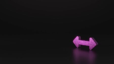 glitter pink silver symbol of double side horizontal arrow 3D rendering on black background with blurred reflection with sparklesの写真素材